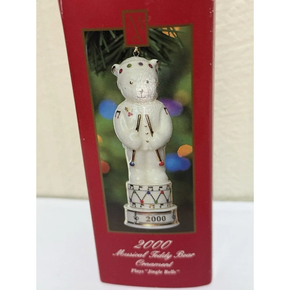Vintage 2000 Musical Teddy Bear Ornament Plays Jingle Bells White Gold Drum Box